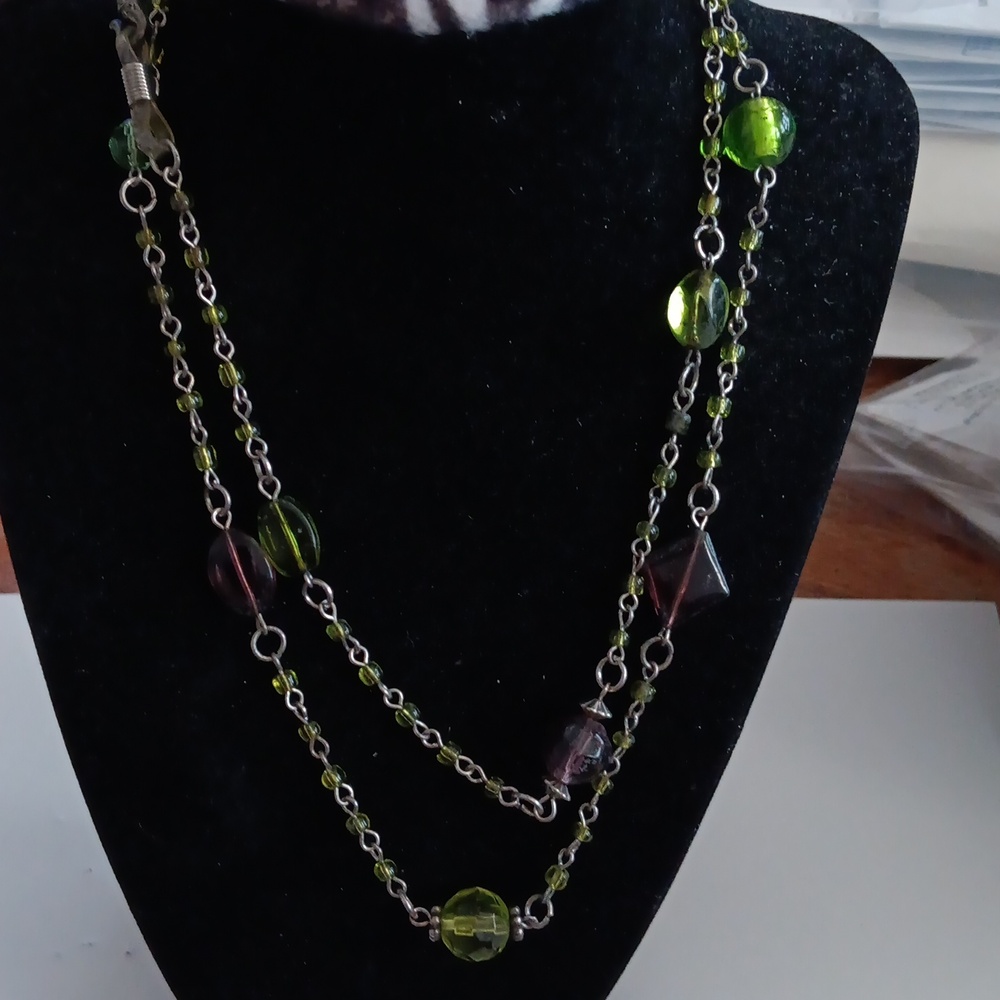 Long Vibrant Beaded Silver Tone Necklace With Lime Green and Purple Beads 17"